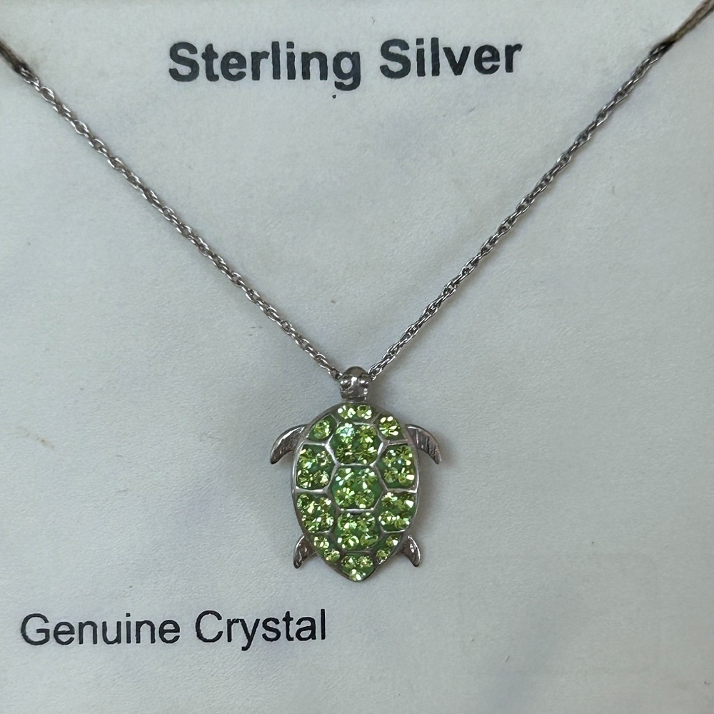Sterling Silver Turtle Pendant Necklace With Green Crystals.